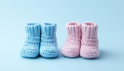 Two pairs of tiny knitted baby booties, one blue and one pink, sit on a soft light blue background. These small foot covers are perfect