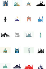Obraz premium Mixed Style Mosque Graphics Including Minimalist Silhouettes and Detailed Architectural Icons