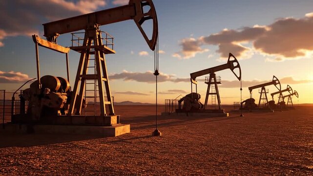 cinematic industrial footage of oil pumpjacks in desert oil field during sunset large scale machinery moving slowly golden hour light scattered clouds warm orange blue contrast dusty ground smooth cam
