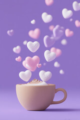 Cup of cappuccino coffee, colorful marshmallow hearts floating out of cup, purple background. Latte art foam. Valentine day's design for coffee lovers. 