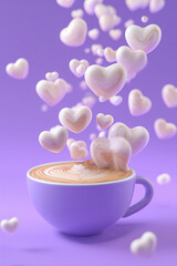 Cup of cappuccino coffee, marshmallow hearts floating out of cup, purple background. Latte art foam. Valentine day's design for coffee lovers. 