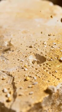 Extreme close up of a hand using a chisel or graver to carve fine details and gold dust into a rock or stone surface