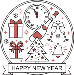 Minimalist New Year circular line art illustration with clock, champagne, gifts and holiday ribbon banner