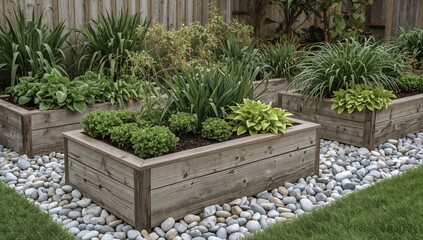 Green Plants Grow in Wooden Planters Surrounded by Stones in a Garden Setting