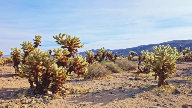 Dense fields of teddy bear cholla create a surreal desert landscape at Cholla Cactus Garden in Pinto Basin California