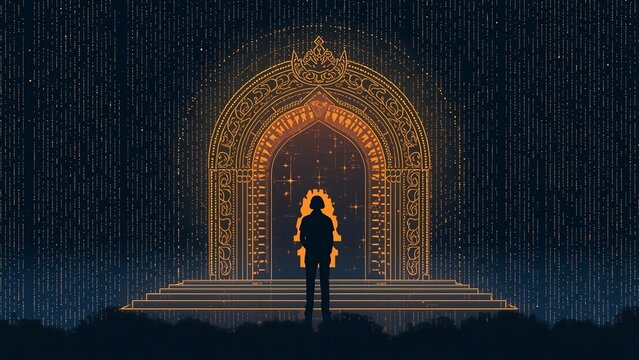 A person stands in front of an ornate golden archway at night