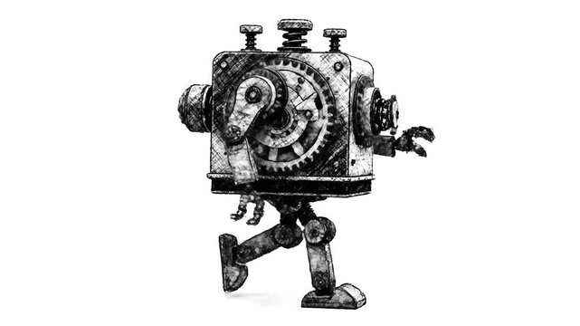 Steampunk Mechanism in Motion: Hand-Drawn Industrial Robot Bot Walks Tirelessly Forward, Illustrating Relentless Efficiency, Vintage Innovation, Mechanical Progress, and Ongoing Automation.