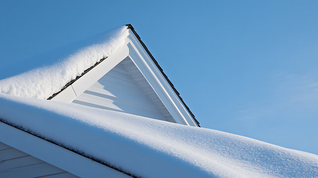 A snow-covered rooftop against a bright blue sky. The clean white siding is contrasted by the crisp, heavy snowfall. The scene evokes a sense of winter tranquility.
