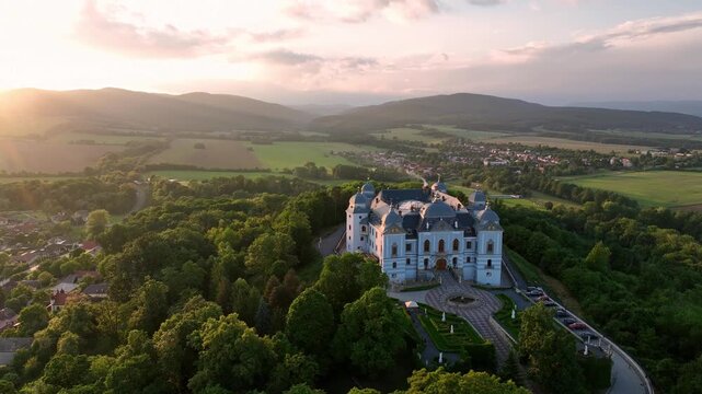 Aerial view of Halic Castle in the village of Halic in Slovakia - Sunset