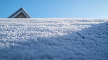 A blanket of fresh snowfall covers a rooftop, contrasted against a clear blue sky. Glimpses of a house peak through the icy landscape. Winter's embrace visible.