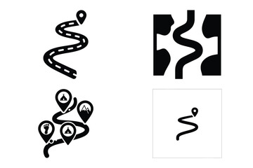 map trail silhouette vector icon set, black color and white background