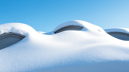 White snow blankets rounded structures against a bright blue sky, creating a serene winter scene. The smooth drifts highlight the shapes beneath the snow.
