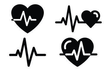 medical heartbeat silhouette vector icon set, black color and white background