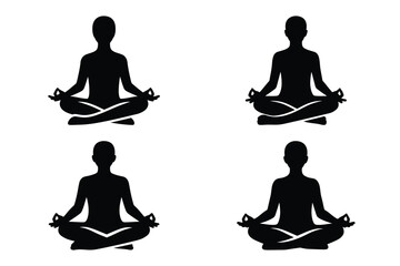 meditation pose silhouette vector icon set, black color and white background