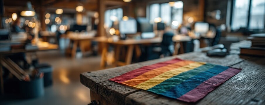 Diverse office workers in a modern coworking space celebrate inclusion with a rainbow flag on the desk - Powered by Adobe
