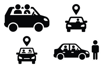 ride sharing silhouette vector icon set, black color and white background
