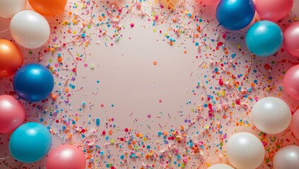 Colorful Balloons and Confetti Decorate a Party Table for Celebration in a Festive Setting