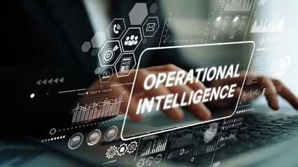 Business Person Engaging with Digital Interface Displaying Operational Intelligence Trends and Data Insights. Asymptotic smart data analytic.