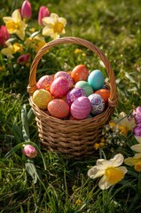 Colorful Eggs in a Basket Surrounded by Flowers During Easter Celebration