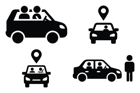 ride sharing silhouette vector icon set, black color and white background