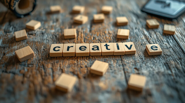 Scrabble chips with creative lettering on wooden surface in rustic style.Wooden scrabble chips on a wooden table. A pun on words. Table games.