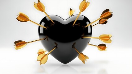 A black heart pierced by multiple arrows on a white background