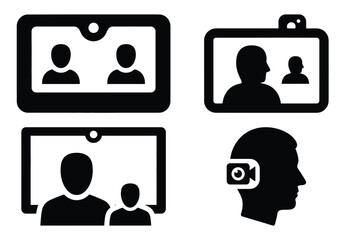 video call silhouette vector icon set, black color and white background
