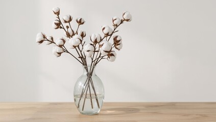 Cotton Branches in a Clear Vase Placed on a Wooden Table Against a Light Background