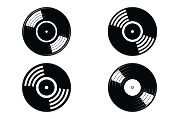 vinyl record silhouette vector icon set, black color and white background