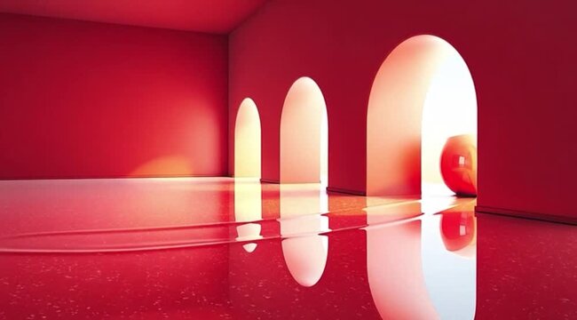 Sala Vazia Vermelha com Portas Circulares em Design Elegante e Sofisticado e Bola Vermelha em Movimento