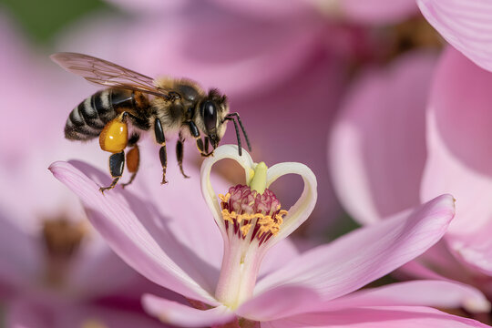 Close-up of a bee collecting pollen from a delicate pink flower - Powered by Adobe
