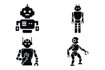 automation robot silhouette vector icon set, black color and white background