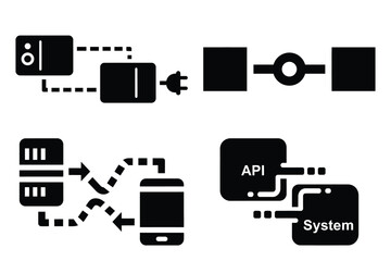 api connection silhouette vector icon set, black color and white background