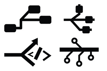 branch code silhouette vector icon set, black color and white background