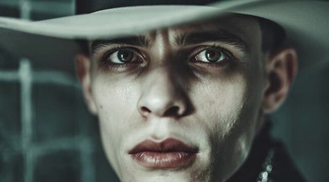 Homem Elegante de Estetica Androgina com Chapeu Branco e Jaqueta de Couro em Moda Editorial Futurista