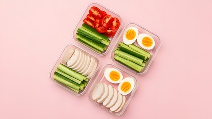 Healthy meal prep containers with fresh vegetables chicken and hard boiled eggs for a balanced diet lunch