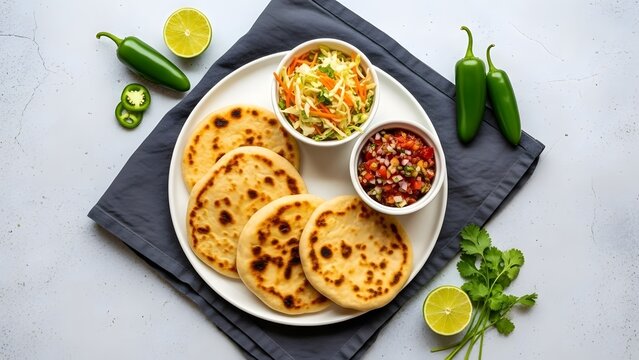 Traditional Salvadoran pupusas served on a white plate with curtido cabbage slaw and fresh tomato salsa