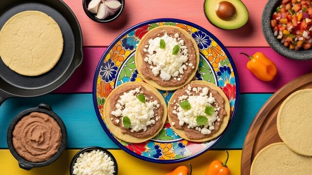 Traditional Mexican Sopes Platter with Refried Beans Cheese and Fresh Ingredients from Above