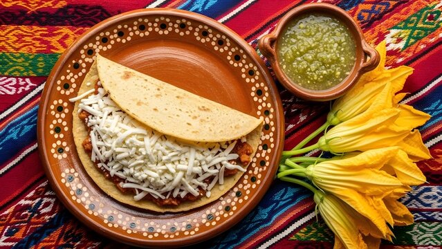 Authentic Mexican quesadilla with cheese and salsa verde garnished with fresh squash blossoms on a traditional clay plate