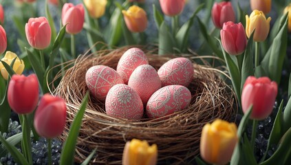 Colorful Eggs in a Nest Surrounded by Flowers During Springtime