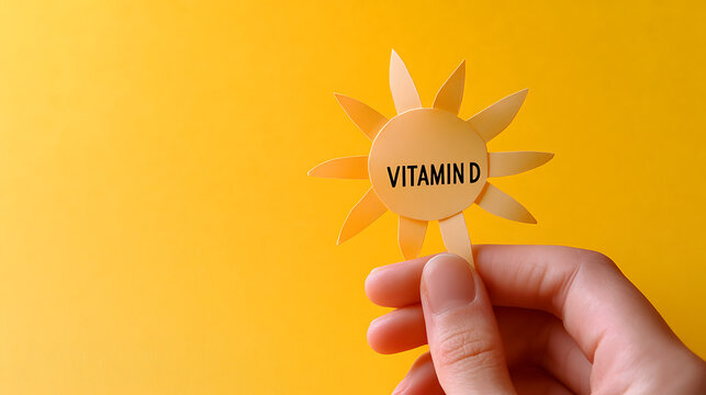 A person's hand holds a sun shape cutout labeled 'Vitamin D' against a bright yellow background. The shot emphasizes the importance of sunshine for vitamin D production.