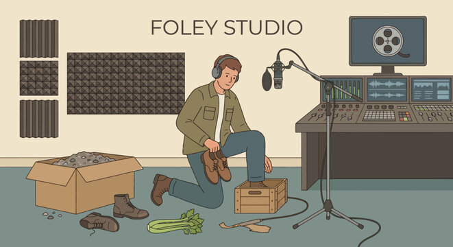 Professional foley artist creating sound effects in studio hitting shoes on box near microphone with celery props for movie audio post production recording process.