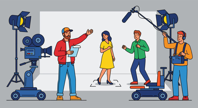 Professional film director holding script instructing actors on movie set with camera crew and boom operator recording sound under studio spotlights during shoot.