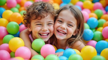 Obraz premium Joyful Childhood: Two adorable children, their faces alight with pure happiness, cuddle close amidst a vibrant sea of colorful play balls, symbolizing the pure bliss and carefree nature of childhood.