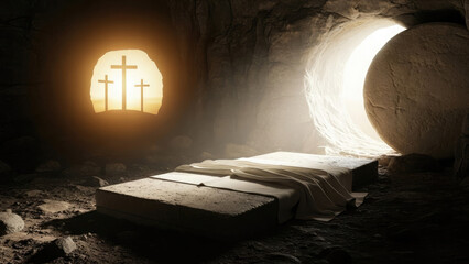Empty tomb with crosses in the background
