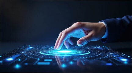 Touch of Innovation: A poised hand delicately interacts with a glowing futuristic interface, symbolizing progress in the tech world. Capturing the essence of innovation and forward-thinking