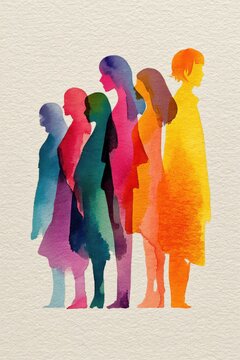 Colorful silhouette group of people in watercolor style standing together, diverse figures in harmony
