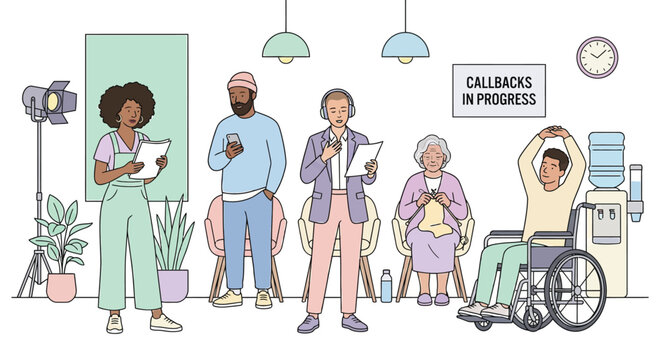 Diverse group of actors waiting for casting callbacks in studio area with scripts and props including man in wheelchair and elderly woman knitting while preparing.