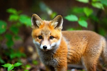 Curious red fox kit standing alertly in a blurred green forest environment