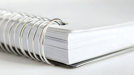 Close-up view of a spiral-bound notebook featuring stacks of pristine white paper, symbolizing organization, notes, and creative writing. The simple image conveys clean and efficient